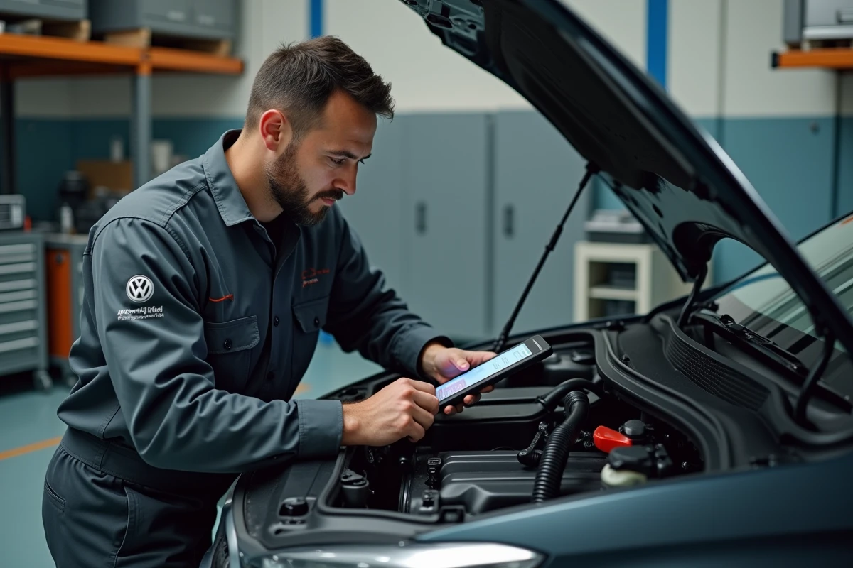 Mécanicien utilisant un scanner de diagnostic OBD dans un garage pour identifier la cause d'un voyant point d'exclamation