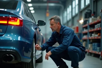 Mécanicien inspectant le pot d'échappement d'un véhicule diesel dans un garage professionnel, symbolisant les enjeux de la classification Crit'Air