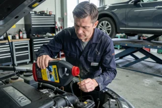 Mécanicien versant de l'huile moteur Mannol dans un moteur moderne au sein d'un garage professionnel