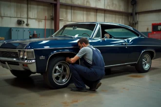 Mécanicien inspectant les freins d'une Chevrolet Impala 4 portes 1967 dans un garage avant contrôle technique