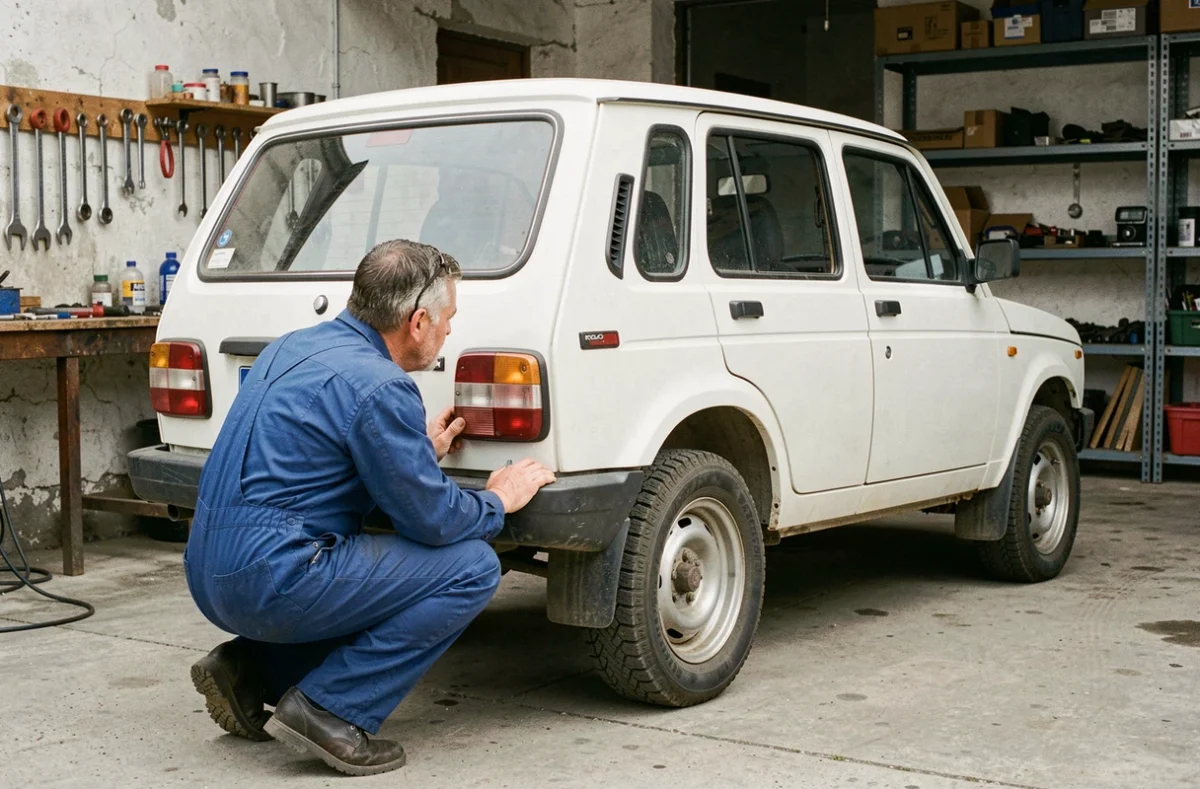 Mécanicien inspectant un Lada Niva 4x4 blanc dans un garage rural, évaluation technique et rapport qualité-prix