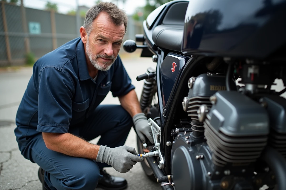 Mécanicien inspectant les carburateurs d'une GSXR 1100 de 1992 avant achat, vérification technique moteur détaillée