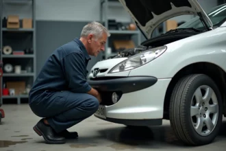 Mécanicien inspectant le moteur d'une Peugeot 207 dans un garage indépendant, diagnostic antipollution