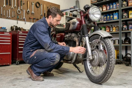 Mécanicien inspectant une moto dans un garage privé, illustrant les besoins d'une assurance garage pour moto