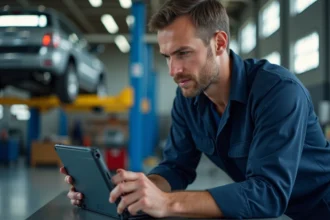 Mécanicien indépendant utilisant un logiciel de gestion garage sur tablette dans un atelier automobile professionnel