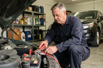 Mécanicien connectant des pinces de batterie voiture sur les bornes d'un véhicule dans un garage résidentiel