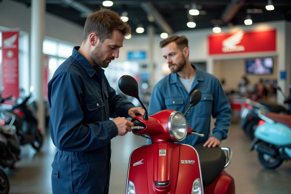 Mécanicien inspectant un scooter Honda 125 dans une concession moto, ambiance showroom réaliste