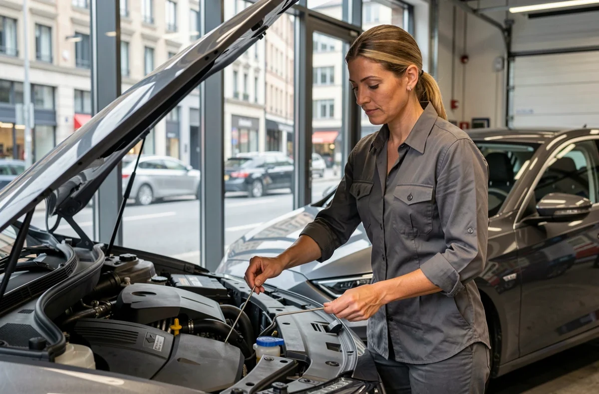 Mécanicienne vérifiant le niveau d'huile Mannol avec une jauge sur une voiture moderne dans un garage urbain
