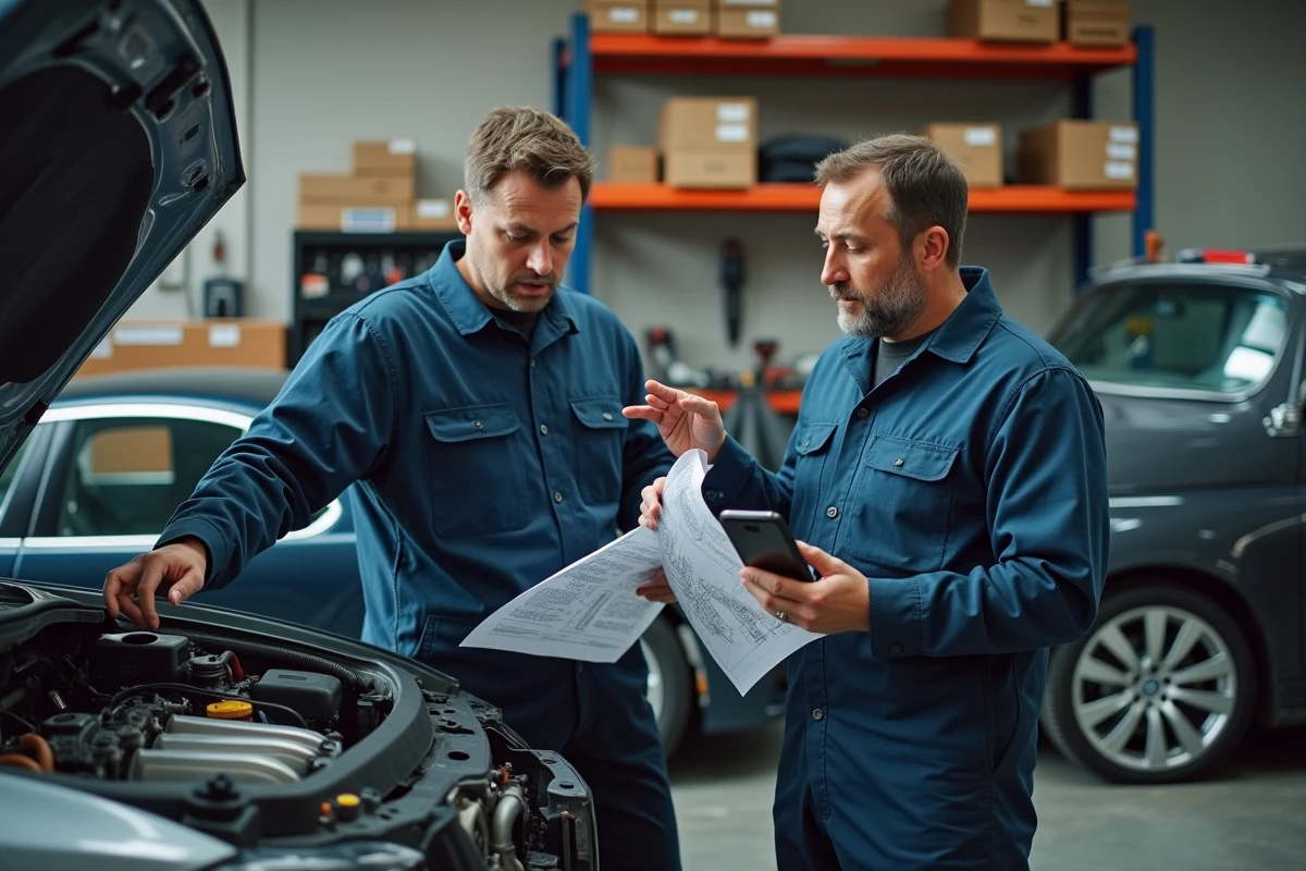 Deux mécaniciens de garage indépendant comparant des références de pièces automobiles sur smartphone et fiche technique papier