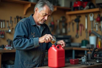 Mécanicien versant de l'huile deux temps dans un jerrican d'essence dans un garage encombré
