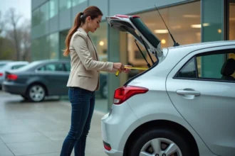 Femme mesurant les dimensions du coffre d'une voiture compacte dans un parking de concession automobile