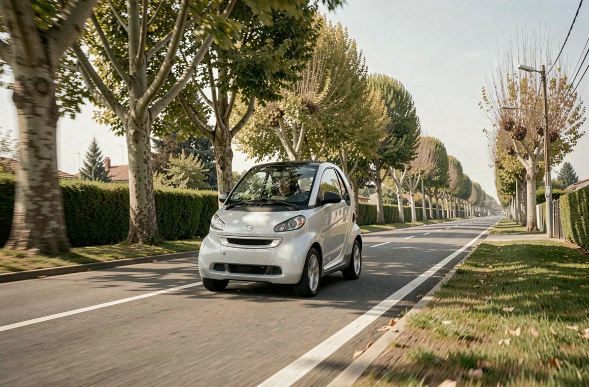 Microvoiture sans permis monoplace électrique roulant sur une route suburbaine bordée d'arbres