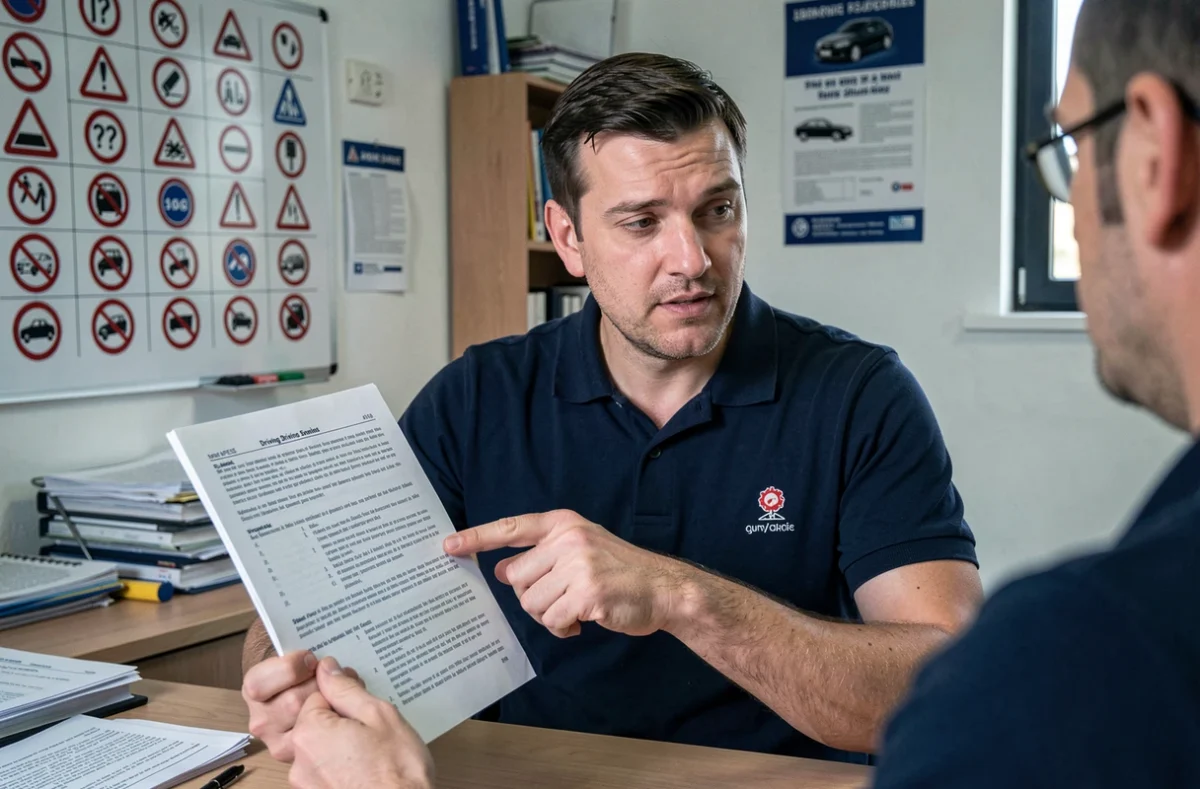 Moniteur d'auto-école expliquant les questions théoriques du permis de conduire avec un livret PDF imprimé