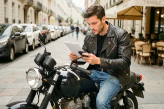 Motard consultant son smartphone assis sur sa moto en ville, symbolisant la souscription d'une assurance moto temporaire