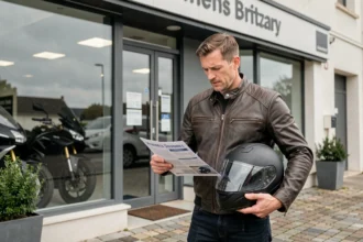 Motard tenant son casque et lisant une brochure d'assurance moto devant une concession à Vannes