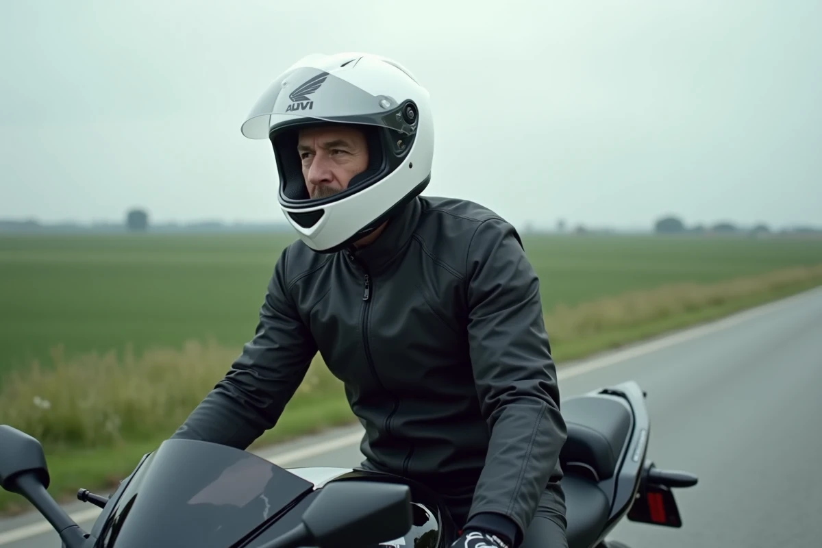 Motard équipé assis sur une Honda CBR 1000F sur une route de campagne, tenue textile noire et casque blanc