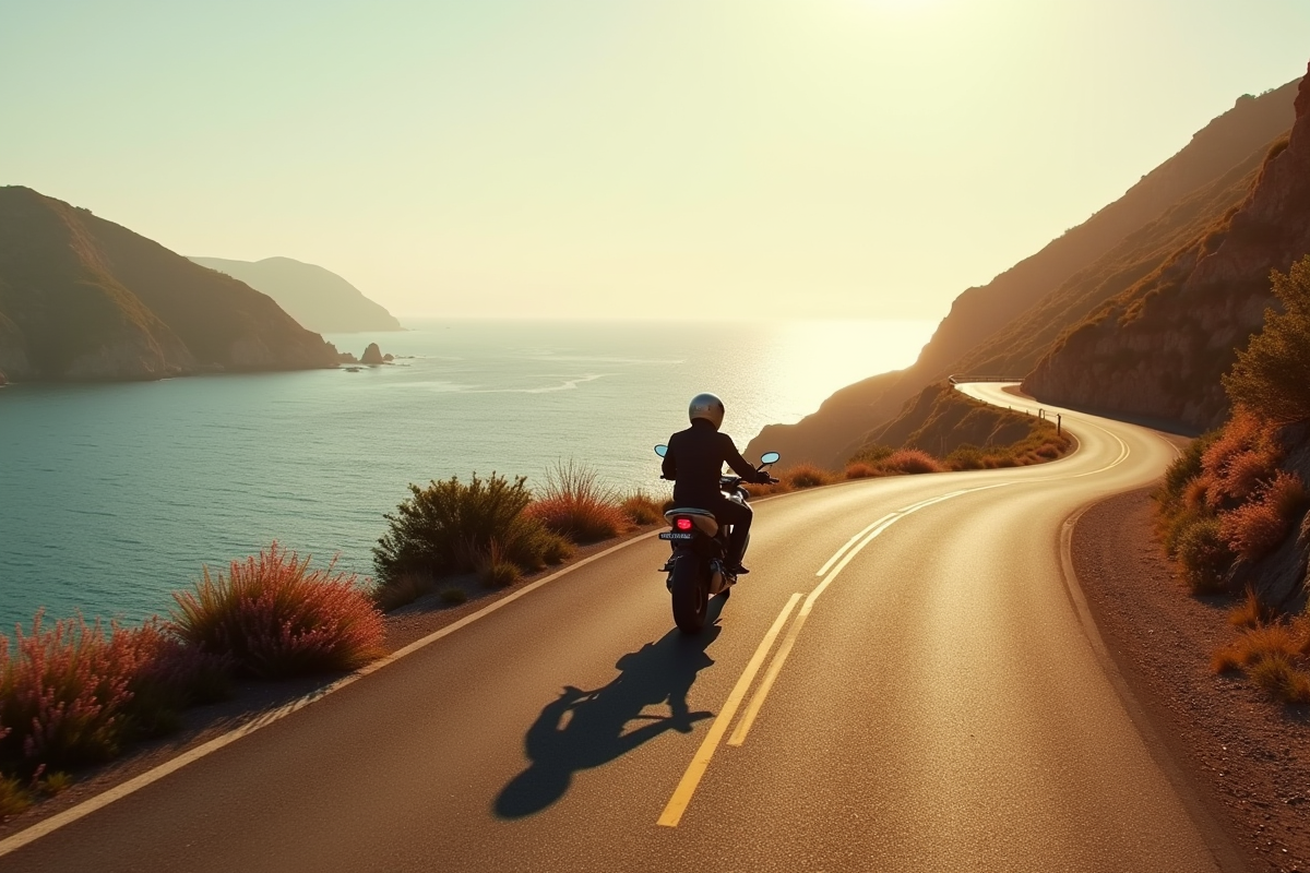Motard roulant sur une route côtière en France avec mer et falaises