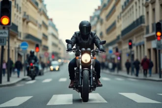 Motard masculin arrêté à un feu orange en ville sur une moto, illustrant la question du passage au feu orange en deux-roues