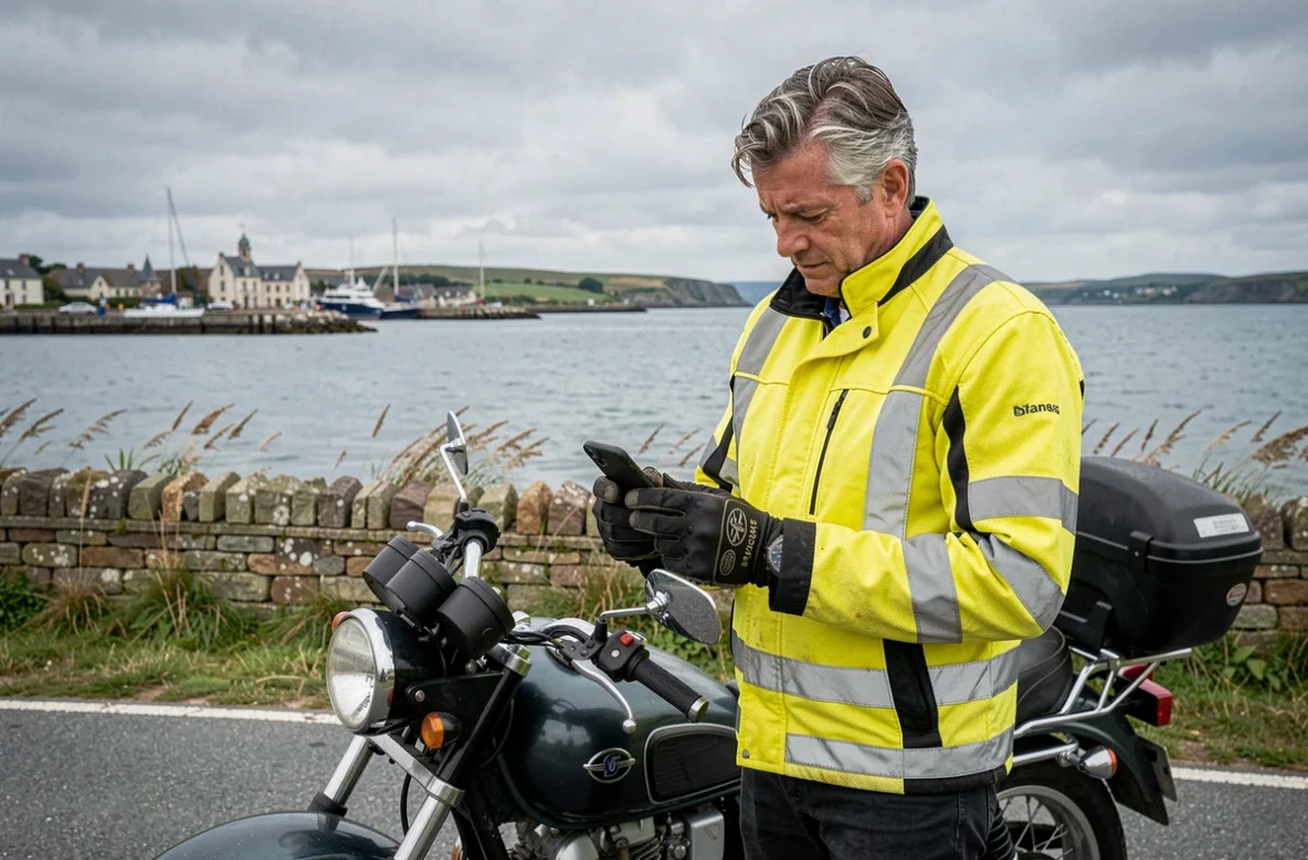 Motard expérimenté consultant son téléphone près du golfe du Morbihan à Vannes pour son assurance
