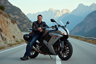 Motard homme en cuir avec moto puissante sur route montagneuse