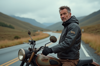 Homme d'âge moyen en équipement moto contemplant sa moto ancienne