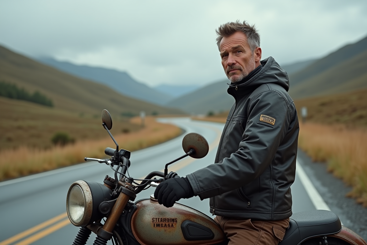 Homme d'âge moyen en équipement moto contemplant sa moto ancienne