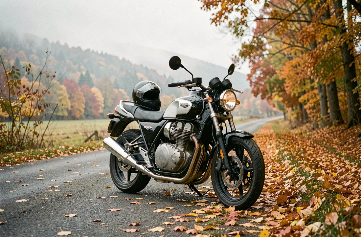 Moto garée en automne sur une route de campagne avec casque, illustrant l'assurance moto saisonnière