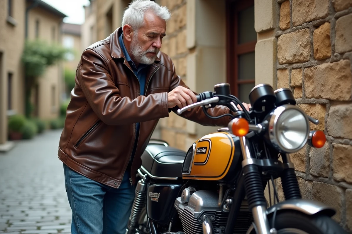 Homme âgé polissant une moto Kawasaki KZ400J vintage