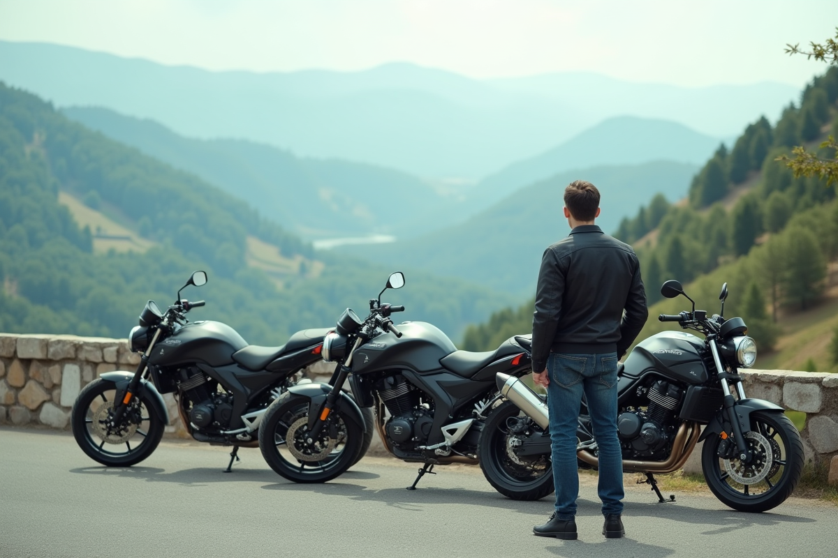 Jeune homme en moto sur fond de paysage montagneux