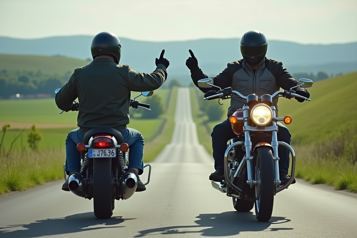 Deux motards croisant sur une route de campagne verdoyante