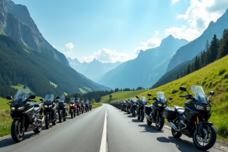 Groupe de motos sur une route de montagne dans les Alpes françaises