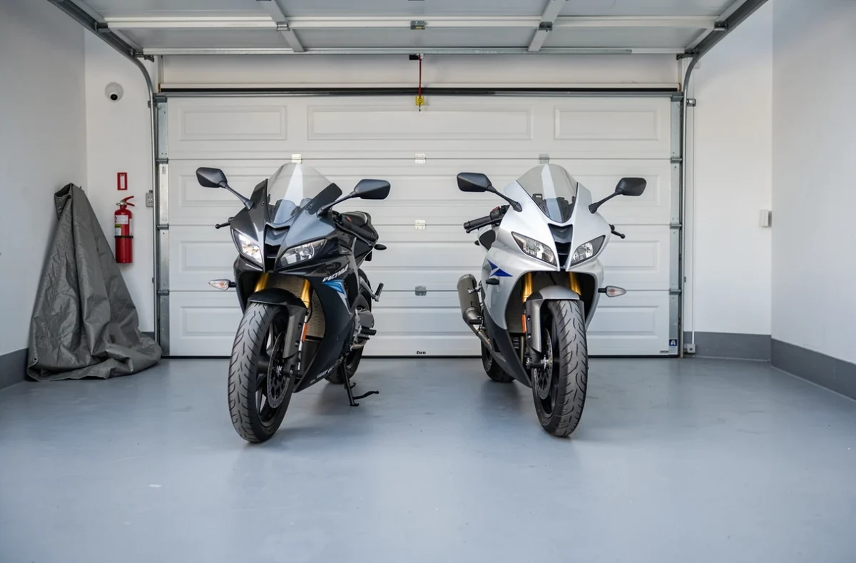 Deux motos garées dans un garage résidentiel sécurisé, représentant la protection offerte par une assurance garage pour moto