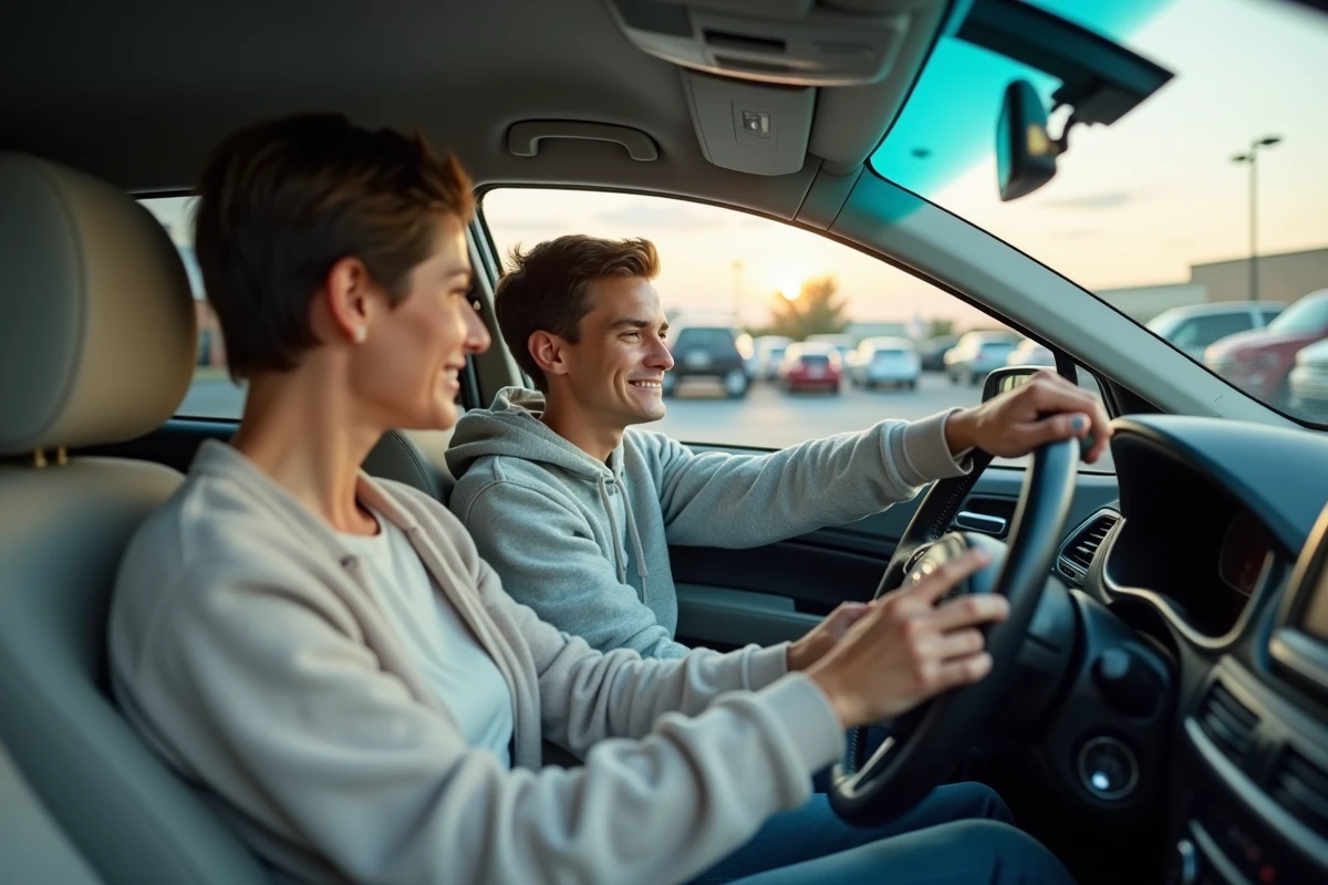 Mère et fils dans une voiture en intérieur au parking