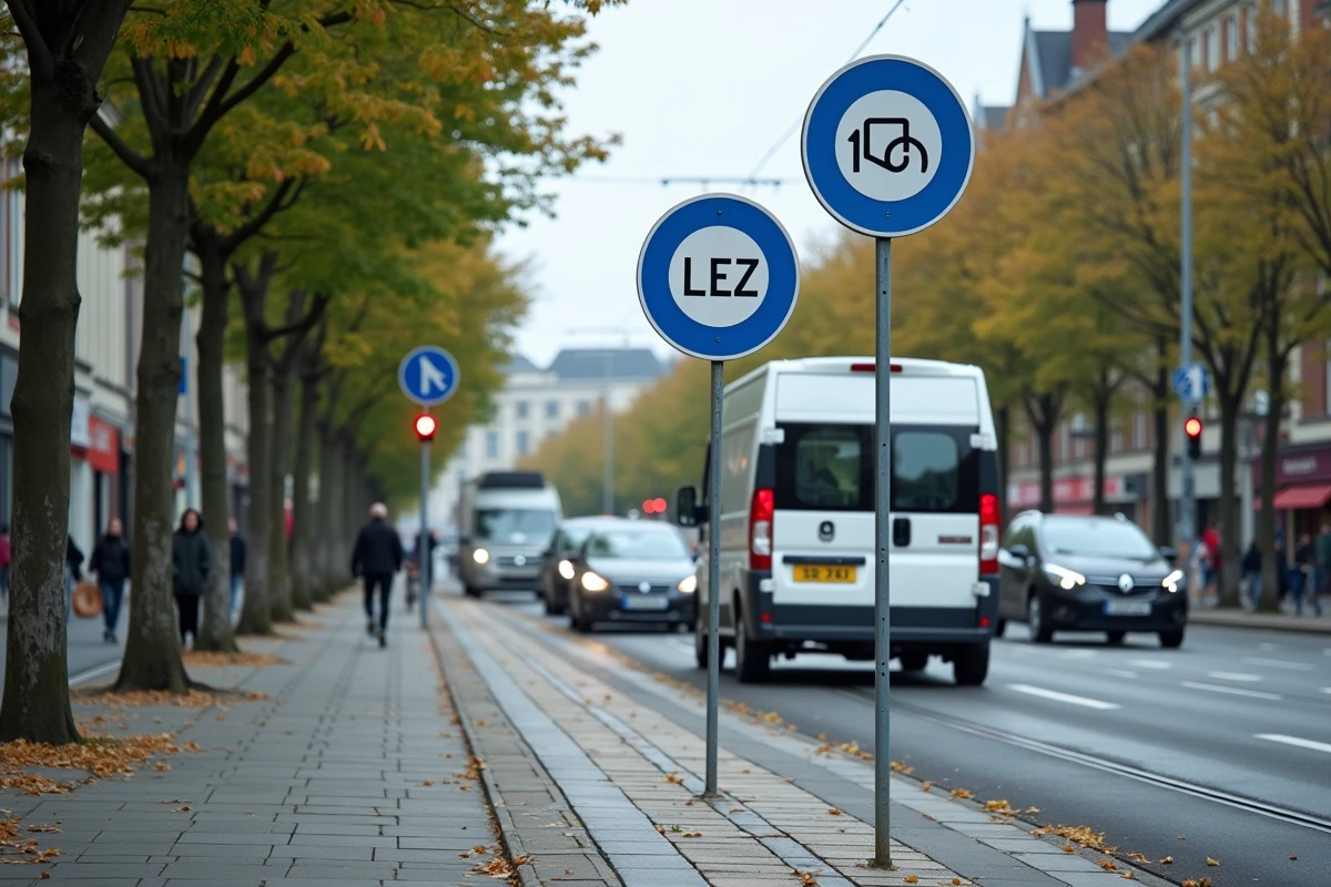 Panneau d'entrée de la zone LEZ de Bruxelles avec circulation de véhicules en attente à un feu rouge