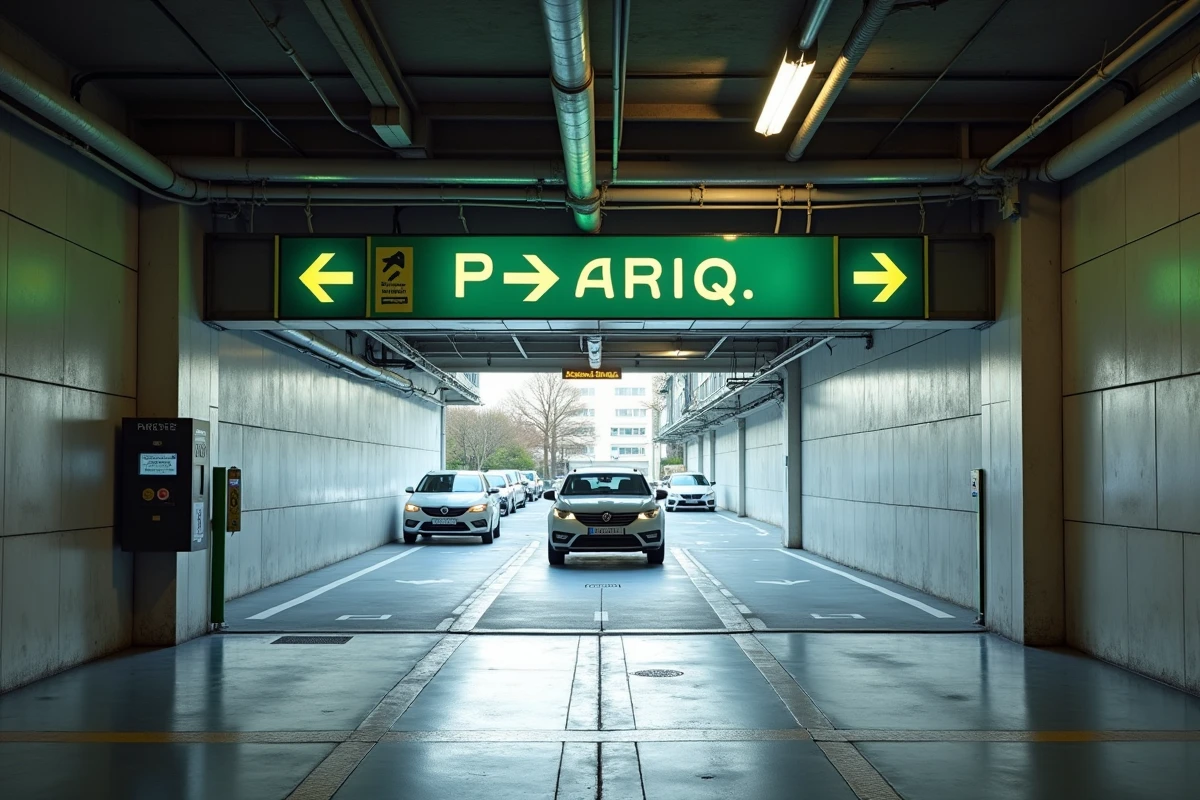 Entrée d'un parking souterrain en centre-ville de Colmar avec barrière et signalétique