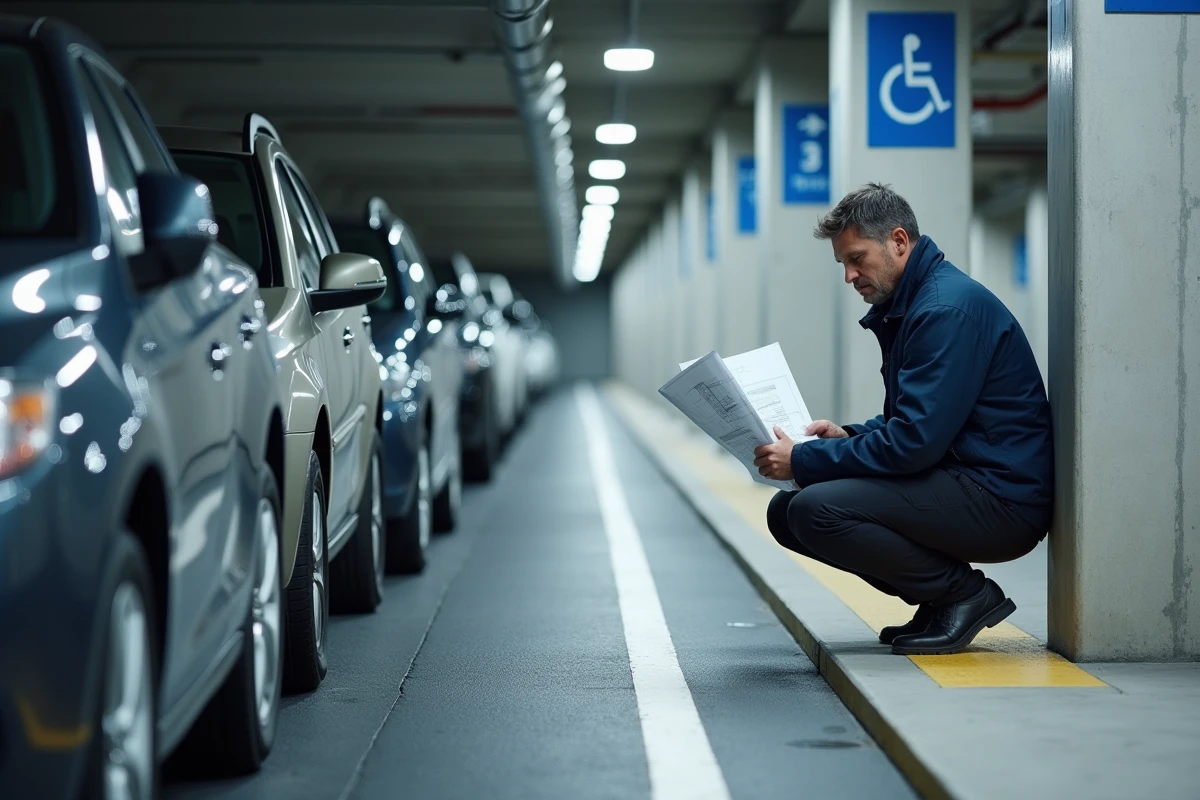 Ingénieur mesurant une place de parking souterrain avec des plans architecturaux, signalétique PMR et normes NF visibles