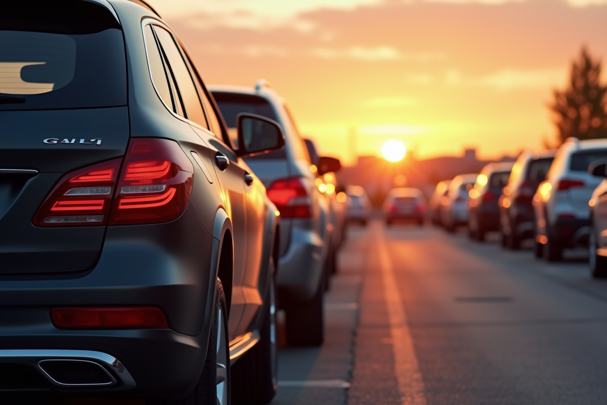 Voitures en parking au coucher du soleil avec plaque d immatriculation