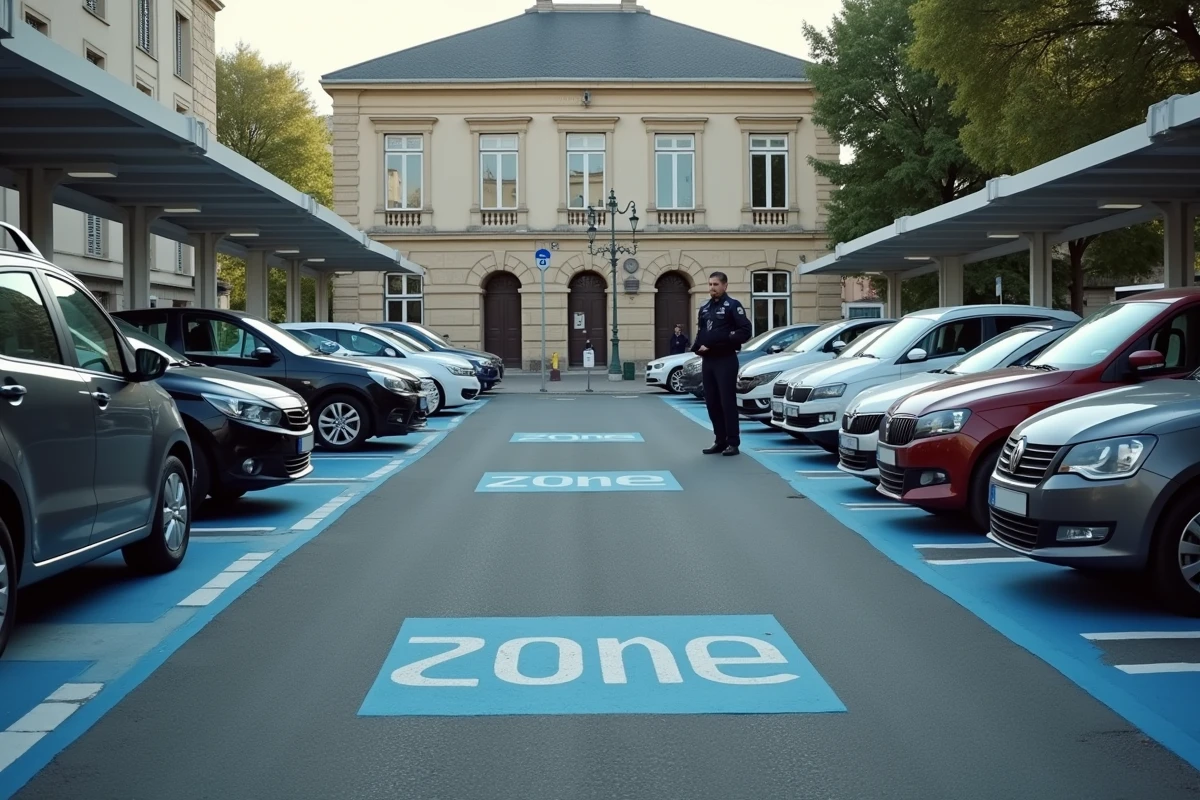 Vue d'ensemble du parking zone bleue devant la gare de Valence avec signalisation et agent de contrôle