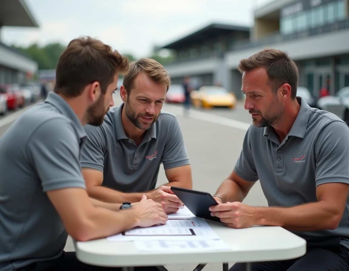 Groupe de participants à un stage de pilotage consultant les tarifs et formules disponibles dans le paddock d'un circuit