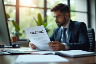 Professionnel étudiant un code de conduite au bureau
