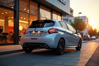 Peugeot 208 neuve devant concession moderne au coucher du soleil