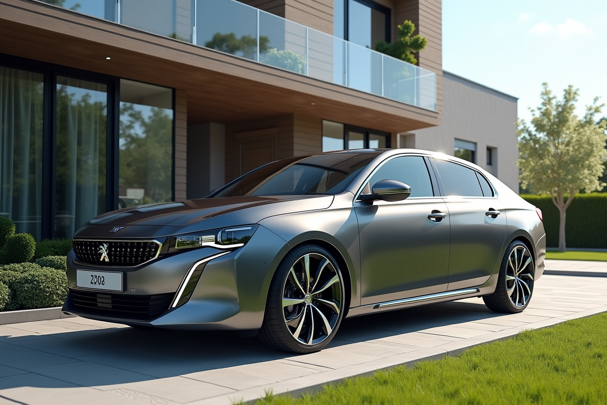 Peugeot 408 moderne devant une maison urbaine ensoleillée