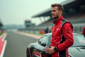 Pilote en combinaison de course rouge et noire debout à côté d'une voiture de sport sur le stand d'un circuit automobile professionnel