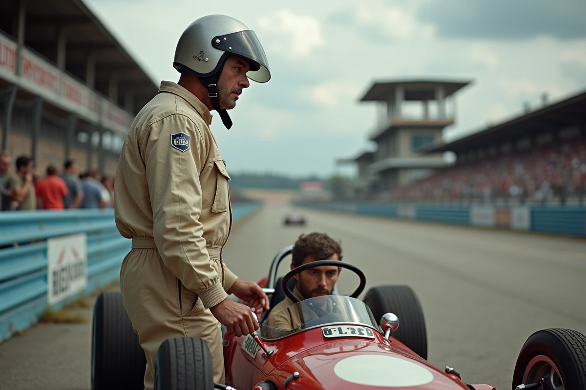 Homme en combinaison vintage et casque près d'une voiture de course ancienne