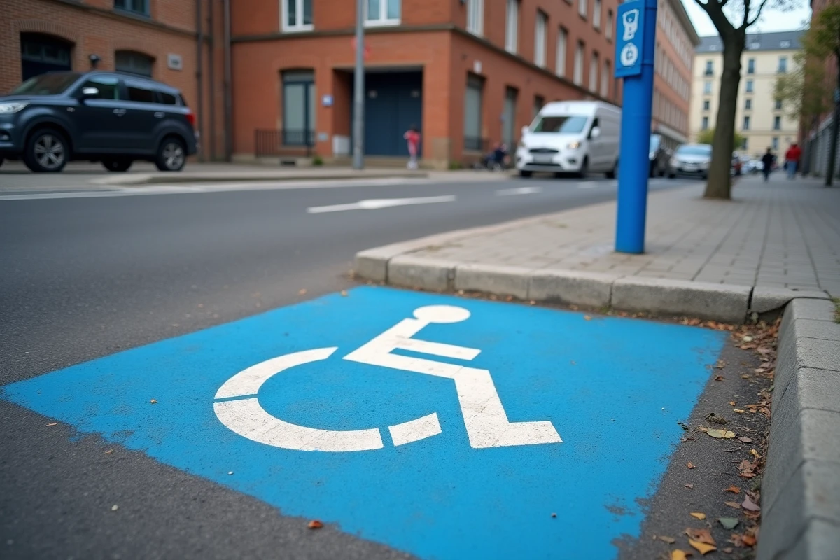 Place de stationnement réservée PMR avec marquage au sol symbole fauteuil roulant et panneau réglementaire français