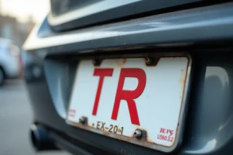 Plaque d'immatriculation provisoire TR apposée à l'arrière d'un véhicule avec date de validité visible