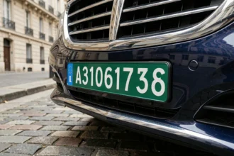 Plaque d'immatriculation verte de véhicule diplomatique sur une berline de luxe garée à Paris