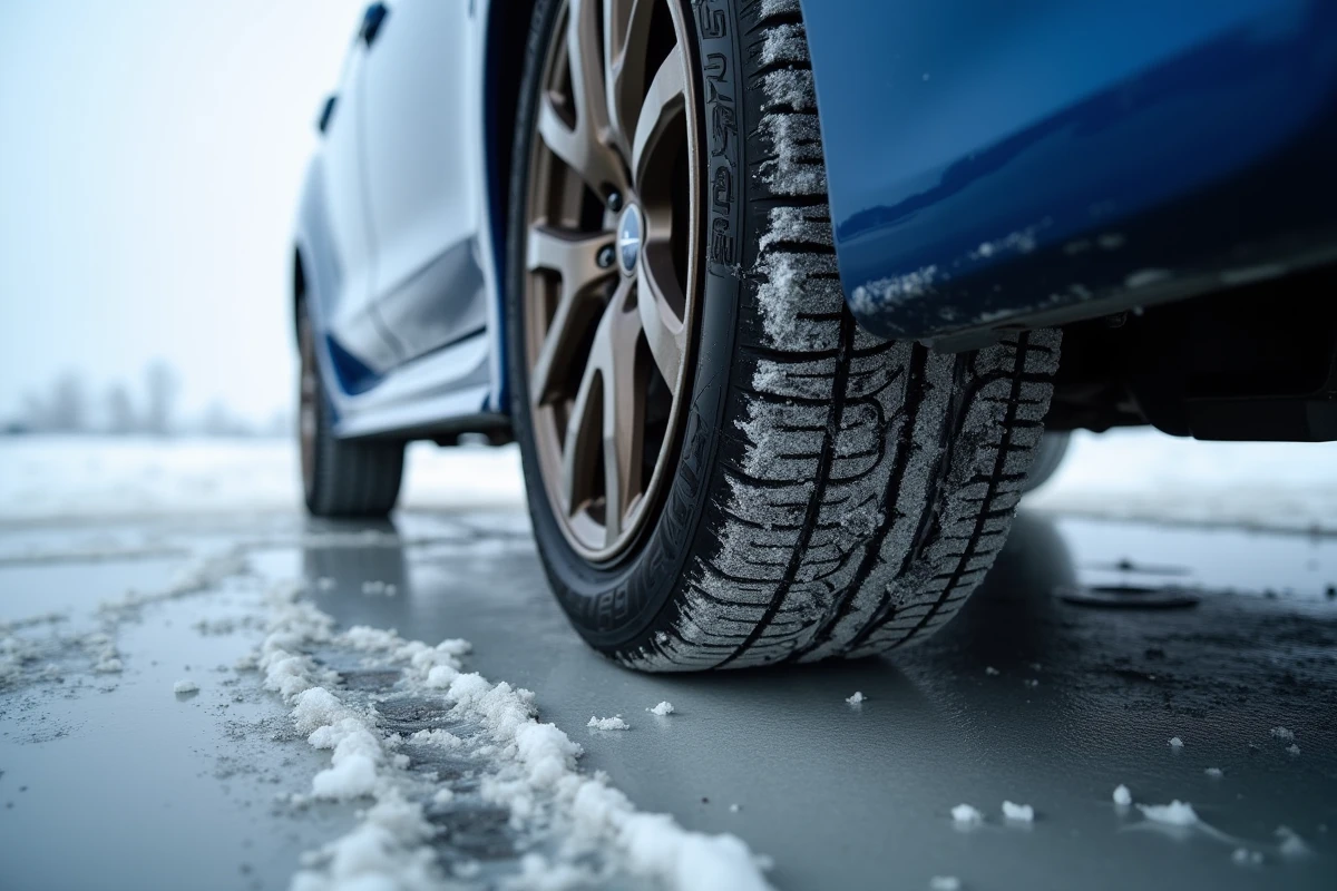 Pneu hiver clouté d'une Subaru WRX recouvert de neige et de slush, détail de bande de roulement en conditions hivernales