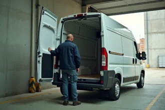 Chauffeur livreur devant les portes battantes ouvertes d'un utilitaire Hauteur Trafic 2 en quai de chargement