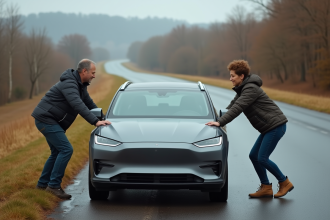 Homme et femme poussant une voiture électrique en campagne